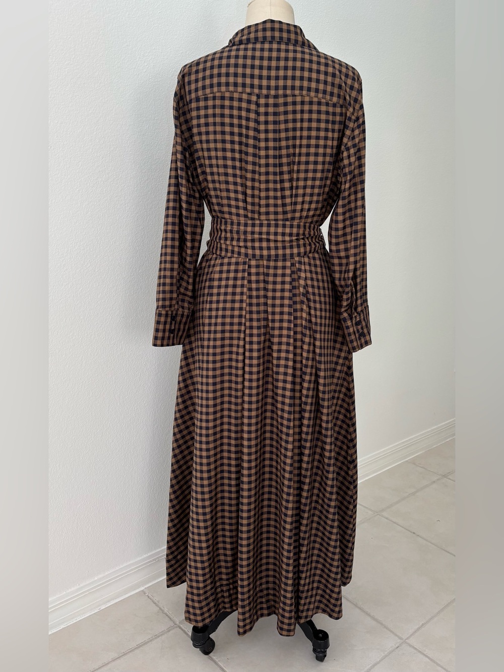 Zara ZW Collection Plaid Midi Shirt Dress NWT Navy Tan Long Sleeves L - Picture 5 of 8